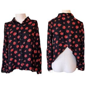NWOT Volcom Medium Long Sleeve Roses Shirt Cutout Asymmetrical Back